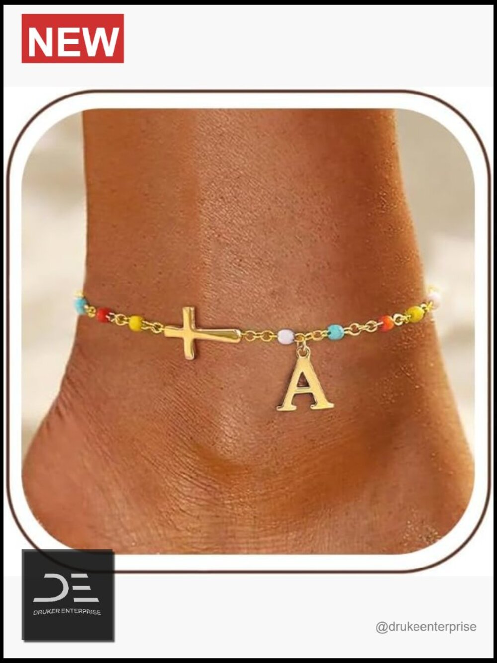 14k Gold Plated A-Z Initial Cross Anklet Waterproof Hypoallergenic Ankle